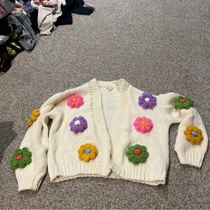 Main Strip Cozy Cardigan Sweater in Soft Beige with Bubble Flowers